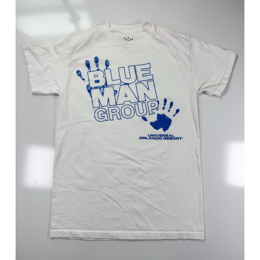 Vintage Blue Man Group Universal Orlando T Shirt White‎ Small Graphic Tee FLAWS